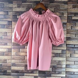 J Crew XXS Smocked neck puff-sleeve cotton poplin Pink top